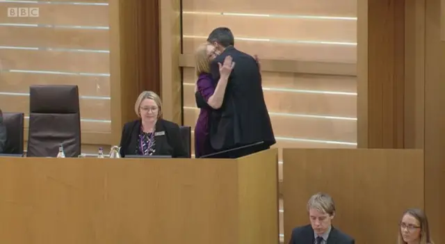 Tricia Marwick hugging Ken Macintosh