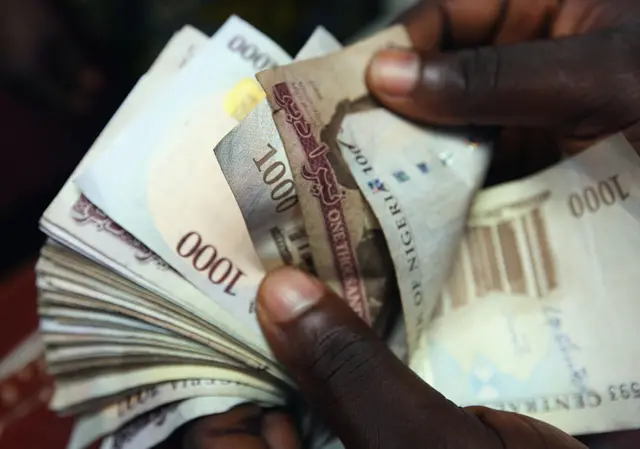 A detail of some Nigerian Naira,(NGN) being counted in an exchange office on July 15, 2008 in Lagos,