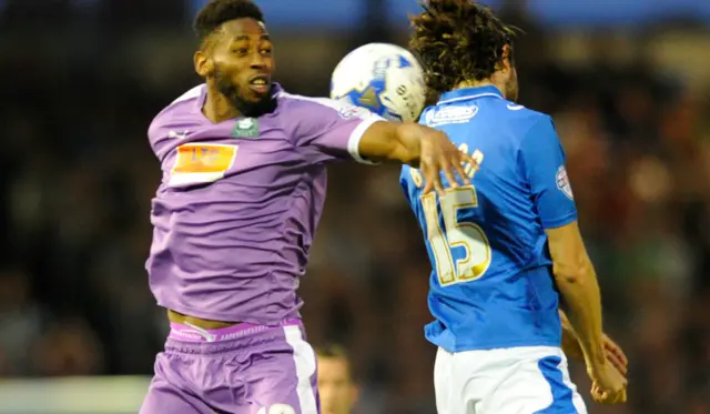 Portsmouth and Plymouth players vie for the ball