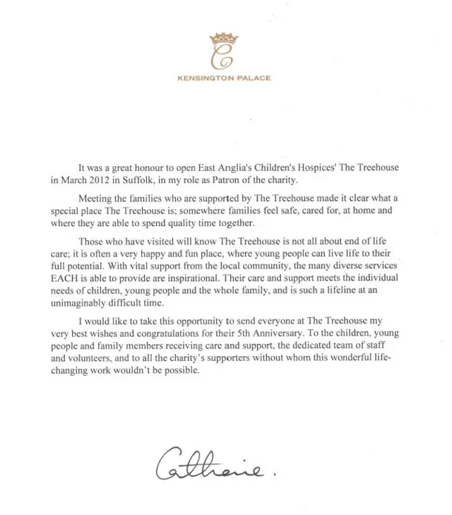 Letter from Duchess of Cambridge