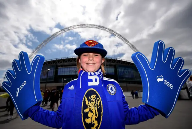 Chelsea Ladies fan poses for photos prior to Women's FA Cup final at Wembley