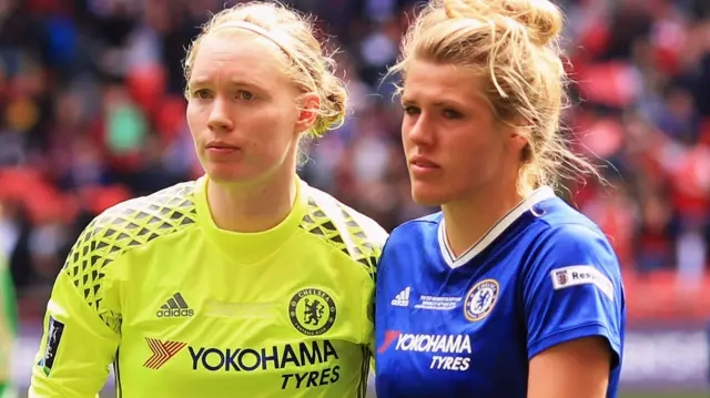 Chelsea's Hedvig Lindahl and Millie Bright after their Women's FA Cup final loss at Wembley