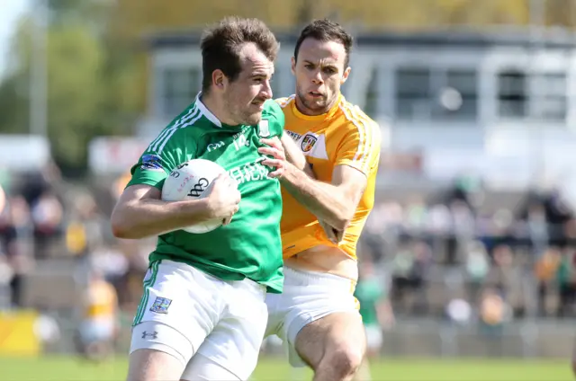 Antrim's Ricky Johnston gets to Grips with Fermanagh's Sean Quigley