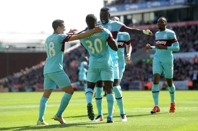 Michail Antonio celebrates scoring the opener for West Ham