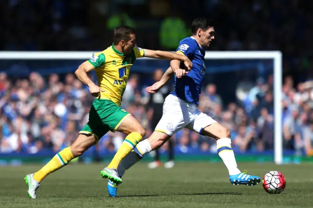 Gareth Barry of Everton and Gary O'Neil on Norwich in action