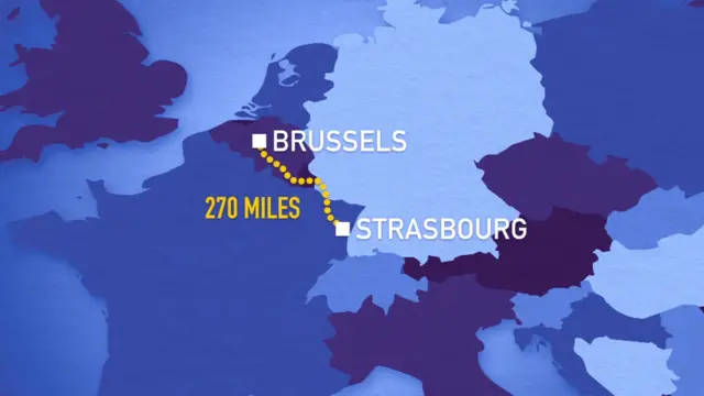 A map showing the route from Brussels to Strasbourg