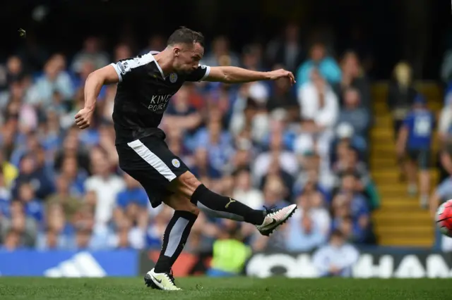 Danny Drinkwater of Leicester City scores his team's opening goal during the Barclays Premier League match between Chelsea and Leicester City at Stamford Bridge