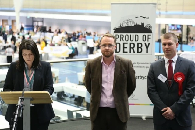 Richard Smalley, centre, as his win in Allestree is announced at the recent city council elections