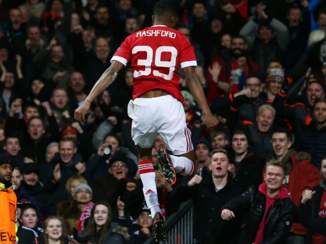 Marcus Rashford celebrates scoring for Man Utd