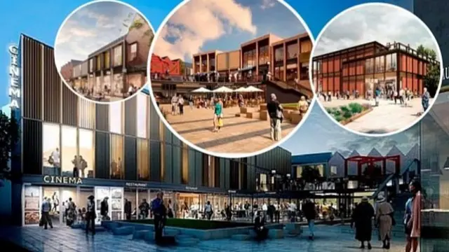 The Friarsgate cinema. Insets, from left: Shops, restaurants and how the scheme will look