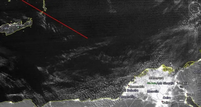 satellite image showing clear skies above Mediterranean where flight MS804 disappeared