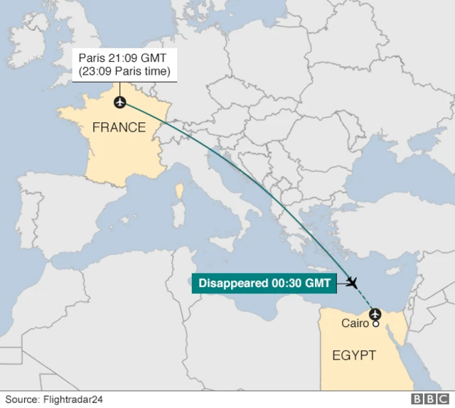 map showing area where flight MS804 disappeared