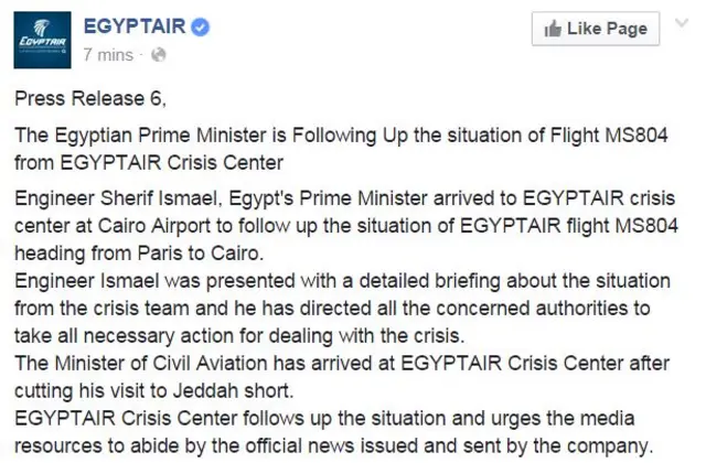 update from Egyptair facebook page on flight MS804