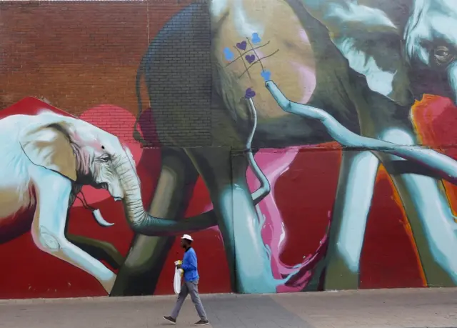 A man walks past huge elephants painted by graffiti artist "Falko" in downtown Johannesburg, South Africa, 19 May 2016.