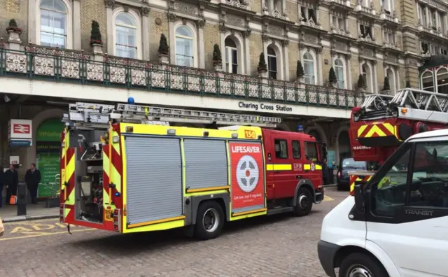 Fire engines outside Charing Cross station