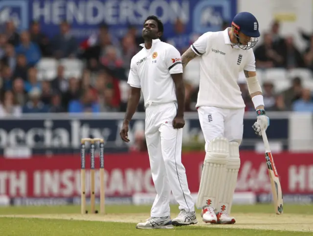 Eranga looks dejected after a missed chance to dismiss Alex Hales