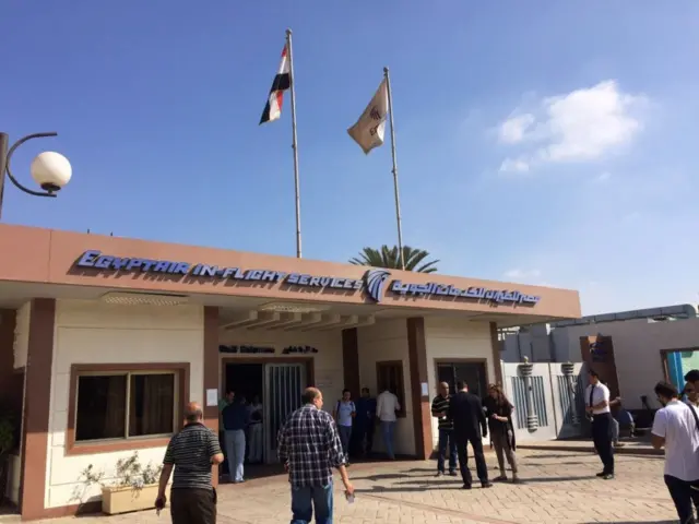 The Egyptair in-flight service building where relatives are being held at Cairo International Airport, Egypt, Thursday, May 19, 2016.