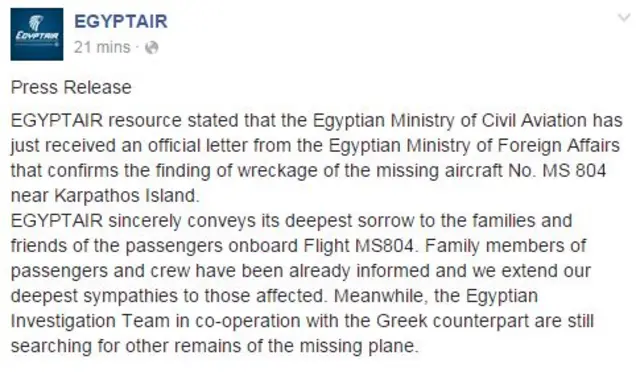 EgyptAir statement