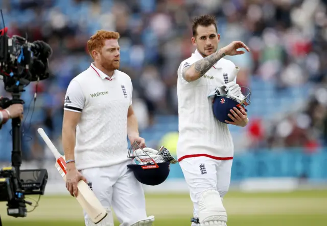 Jonny Bairstow and Alex Hales at tea