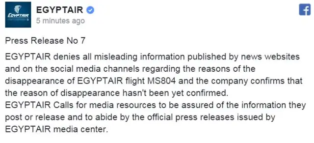 Facebook post from EgyptAir denying 'misleading information' on missing flight