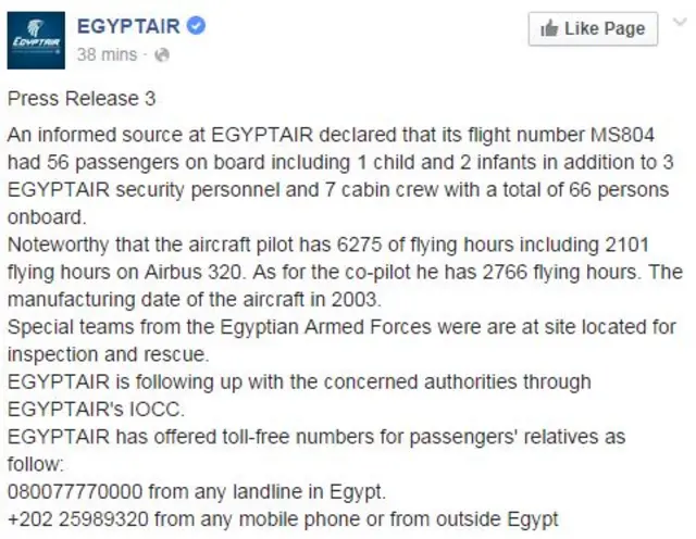 Facebook post by EgyptAir detailing what it knows about flight MS804