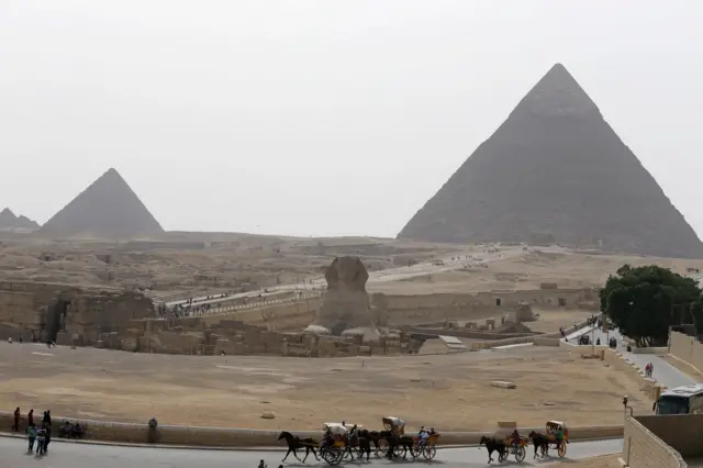 Sphinx and Great Pyramids of Giza are pictured on the outskirts of Cairo, Egypt