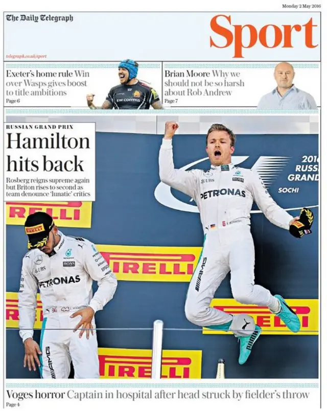 Monday's Telegraph Sport front page