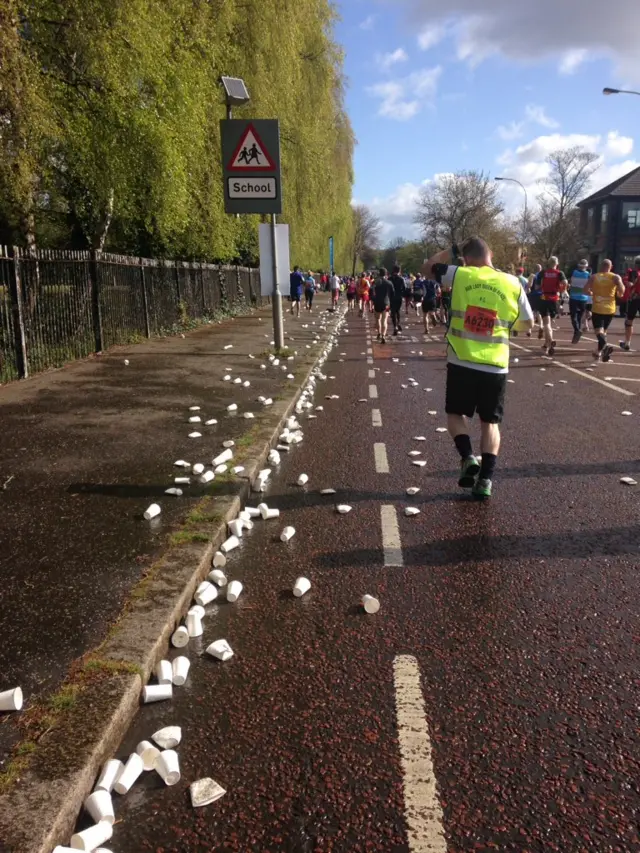 Paper cups along the race route