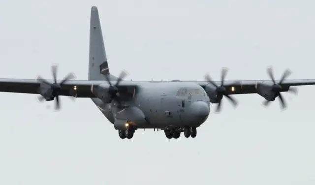 An RAF C-130 Hercules aircraft in flight