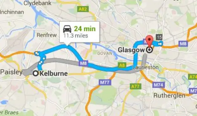 Kelburne to Glasgow route