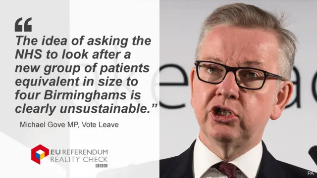 Michael Gove saying: The idea of asking the NHS to look after a new group of patients equivalent in size to four Birminghams is clearly unsustainable.