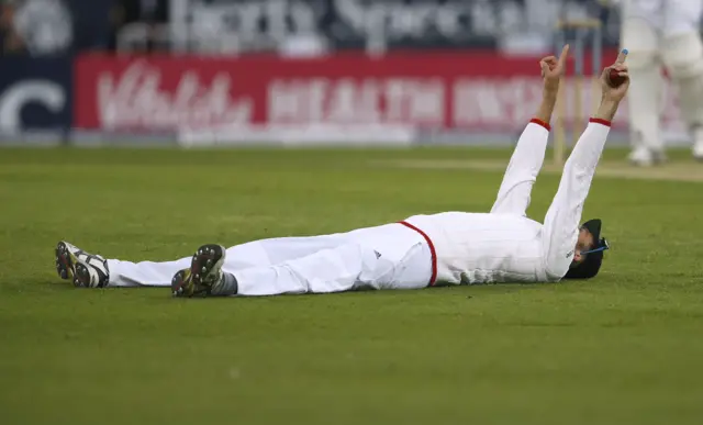 Steven Finn celebrates catch