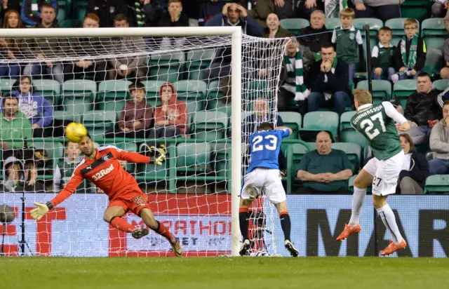 Niklas Gunnarsson scores for Hibernian against Rangers