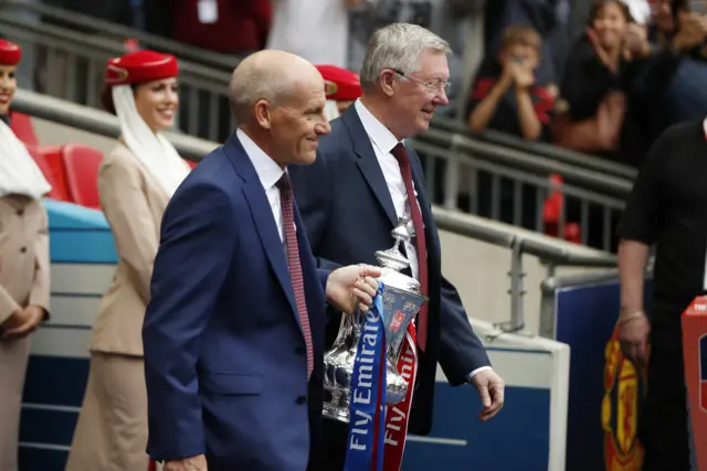 Steve Coppell brings out the FA Cup with Sir Alex Feguson