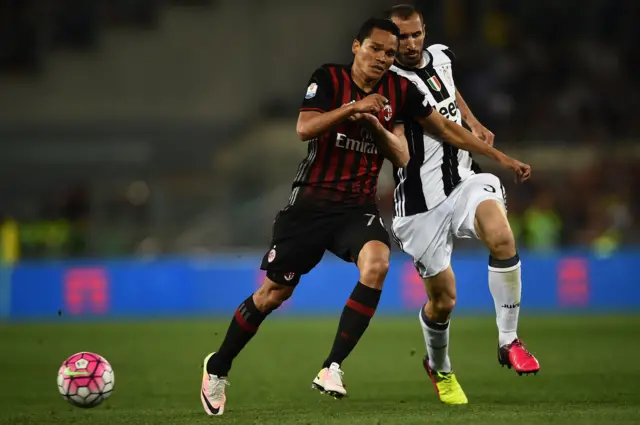 Carlos Bacca (L) fights for the ball with Juventus" defender from Italy Giorgio Chiellini