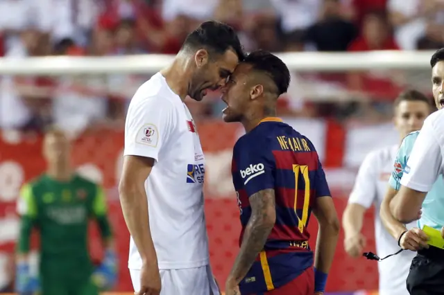 Neymar and Adil Rami square up