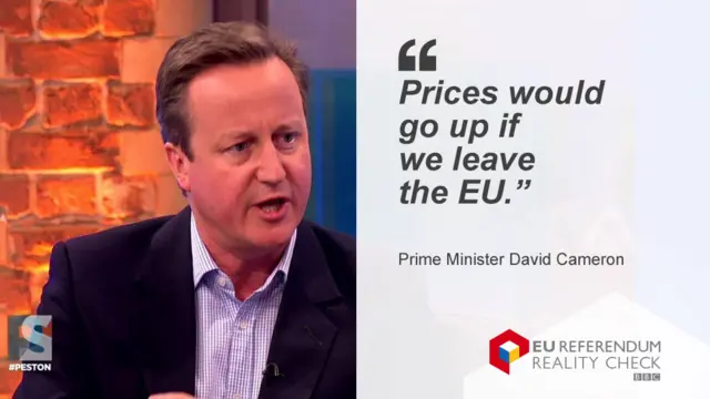 David Cameron saying: "Prices would go up if we leave the EU."