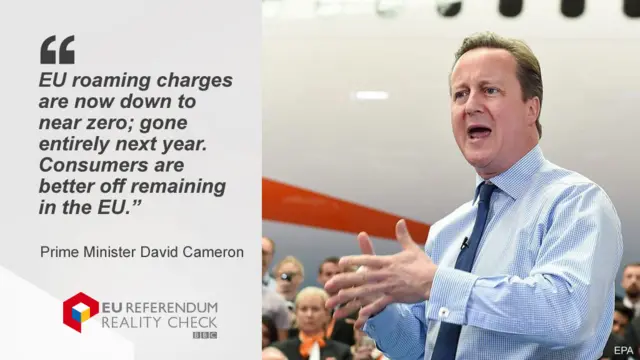 Prime Minister David Cameron saying: "EU roaming charges are now down to near zero; gone entirely next year. Consumers are better off remaining in the EU."