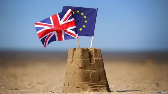 Sand castle with UK and EU flag