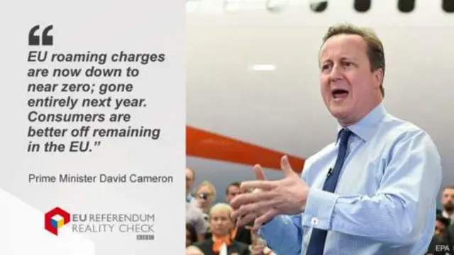 David Cameron picture quote: "EU roaming charges are now down to near zero; gone entirely next year. Consumers are better off remaining in the EU."