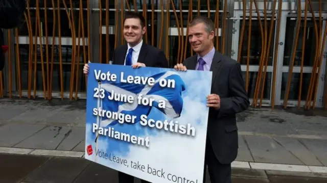 Ross Thomson and Graham Simpson show their support for the Vote Leave campaign outside Holyrood