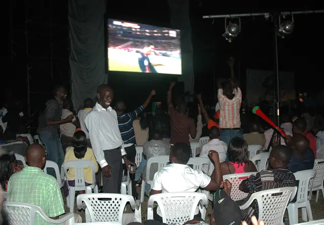 Football fans at an Ethiopian restaurant in Kampala, Uganda, watching the World Cup final in 2010