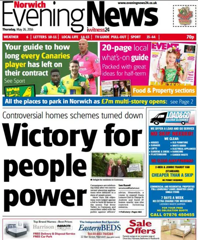 Front page of Norwich Evening News