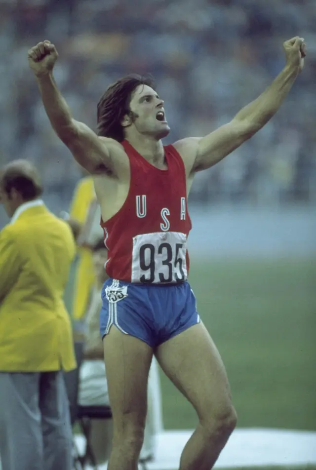 Bruce Jenner of the USA celebrates during his record setting performance in the decathlon in the 1976 Summer Olympics in Montreal, Canada