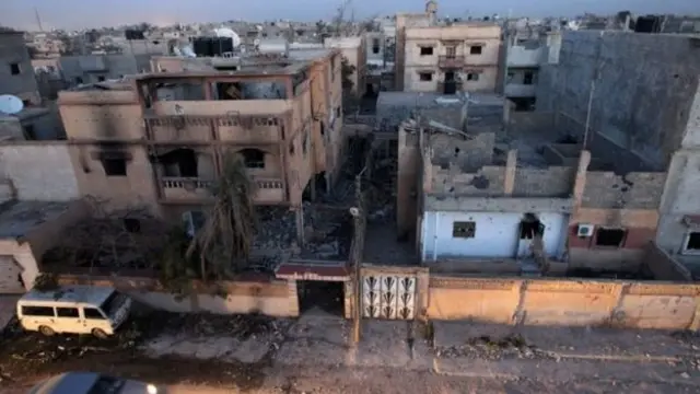 War-damaged buildings in the centre of the eastern coastal city of Benghazi (27 February 2016)