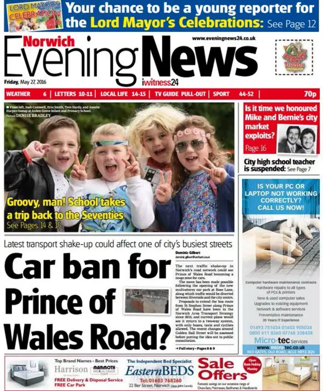 Front page of Norwich Evening News