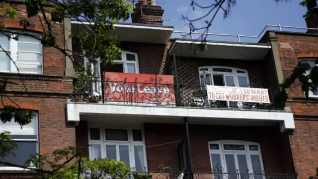 Block of flats with opposing posters in Gospel Oak, north London