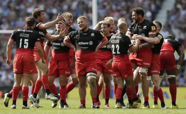 Saracens players celebrate