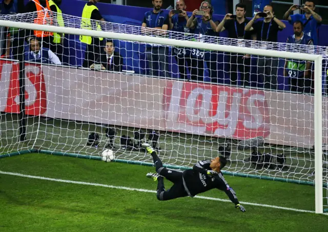 Keylor Navas watches the ball as it crashes against the bar