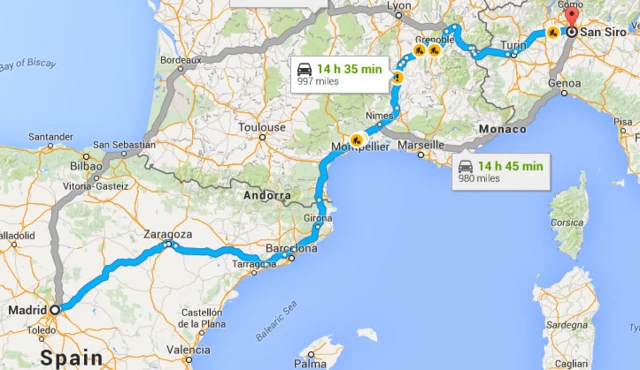 Madrid to Milan on Google Maps